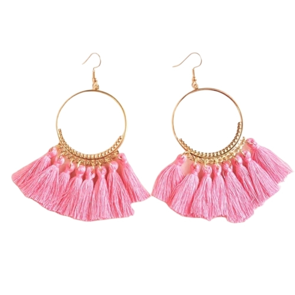 Boho Long Tassel Dangle Fringe Drop Earrings Jewelry Baby Pink and Gold